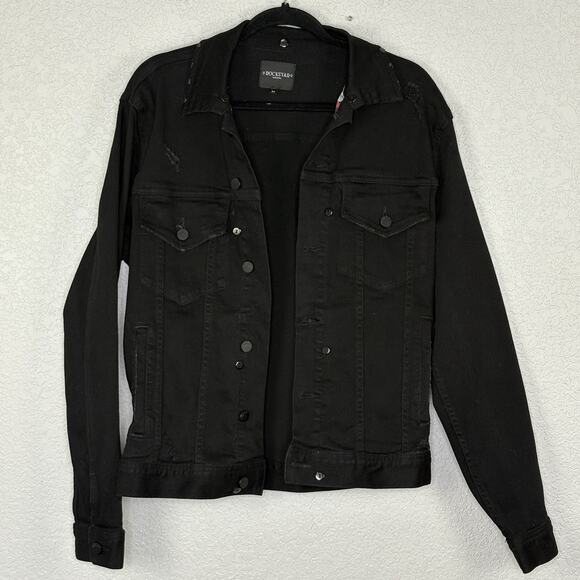 Rockstar Original Denim Jacket Faux Fur Spell Out Black Red Size M - Picture 3 of 8